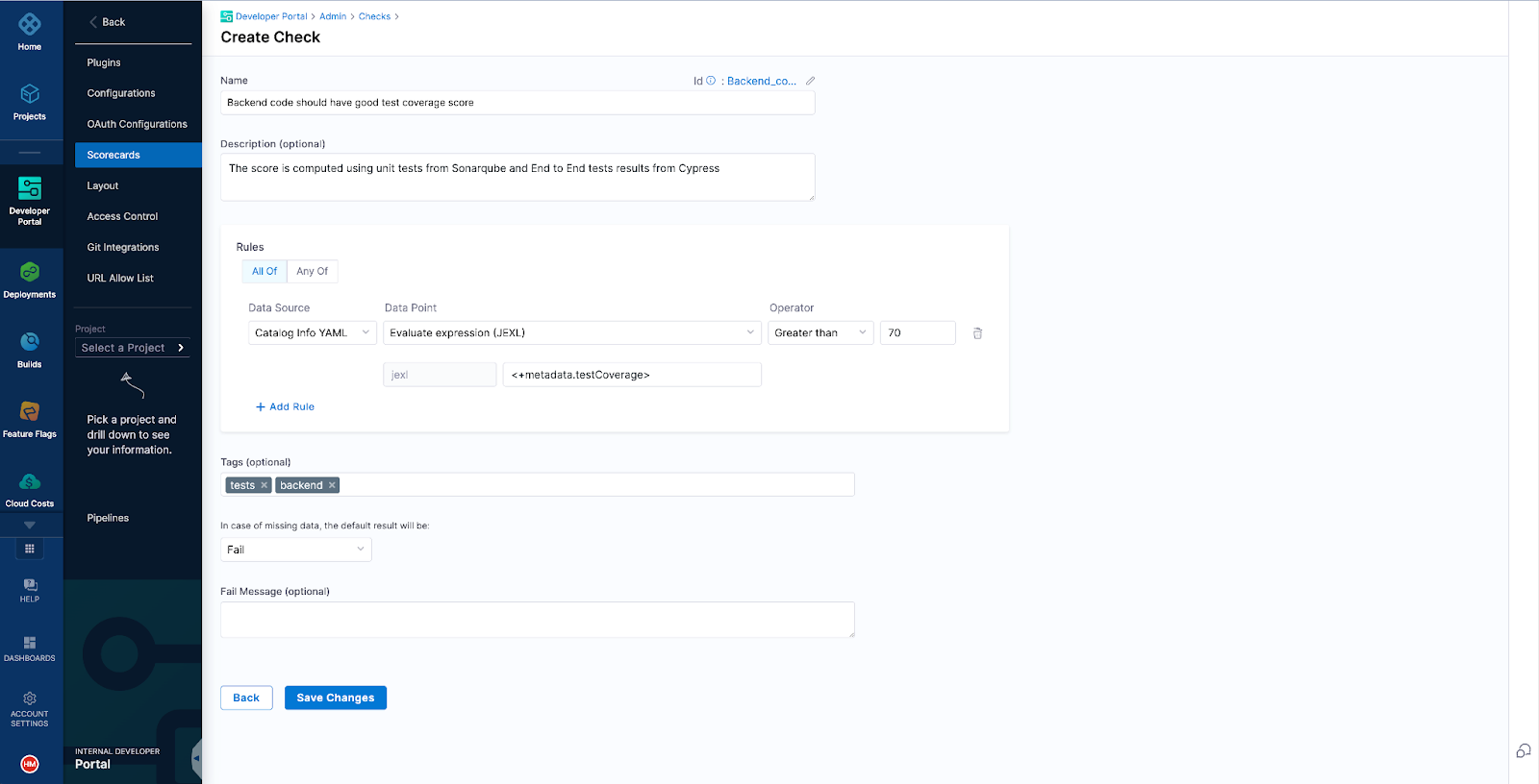 Create Check screen in Harness IDP Scorecards configuring a JEXL rule for test coverage greater than 70