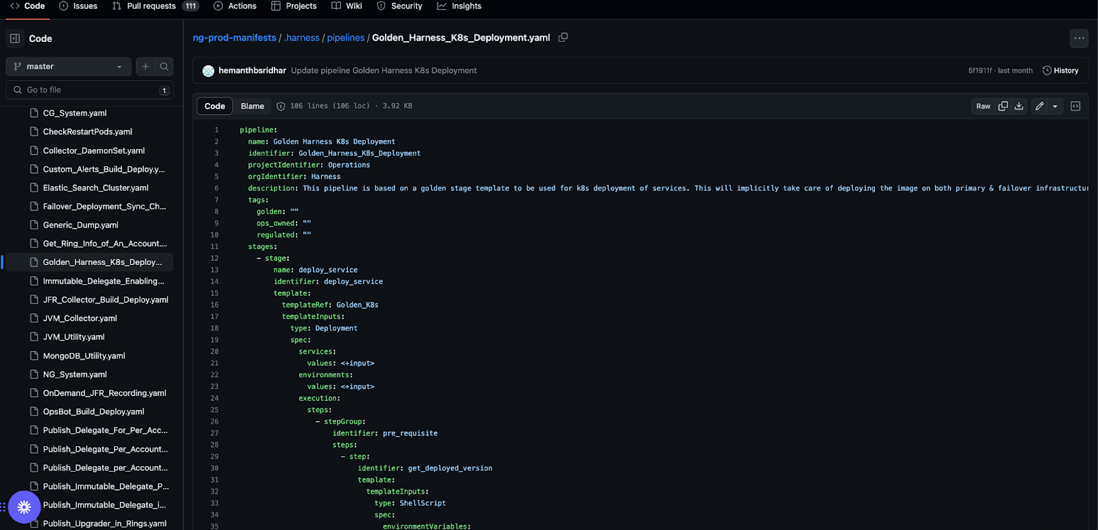 Harness pipeline YAML configuration file, Golden_Harness_K8s_Deployment, version-controlled in GitHub