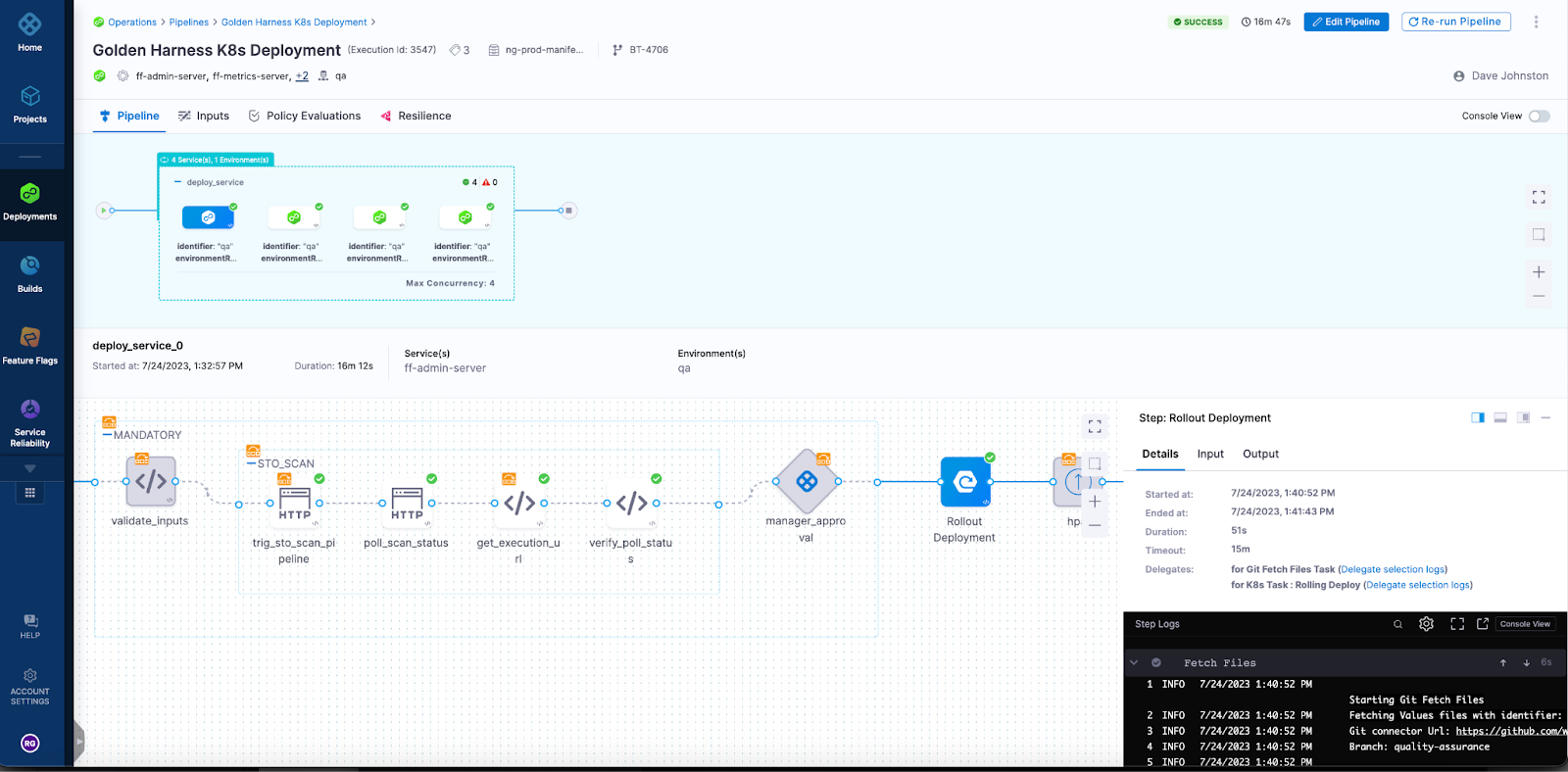 Golden Harness K8s Deployment pipeline execution interface showing multi-service deployment steps in Harness CD