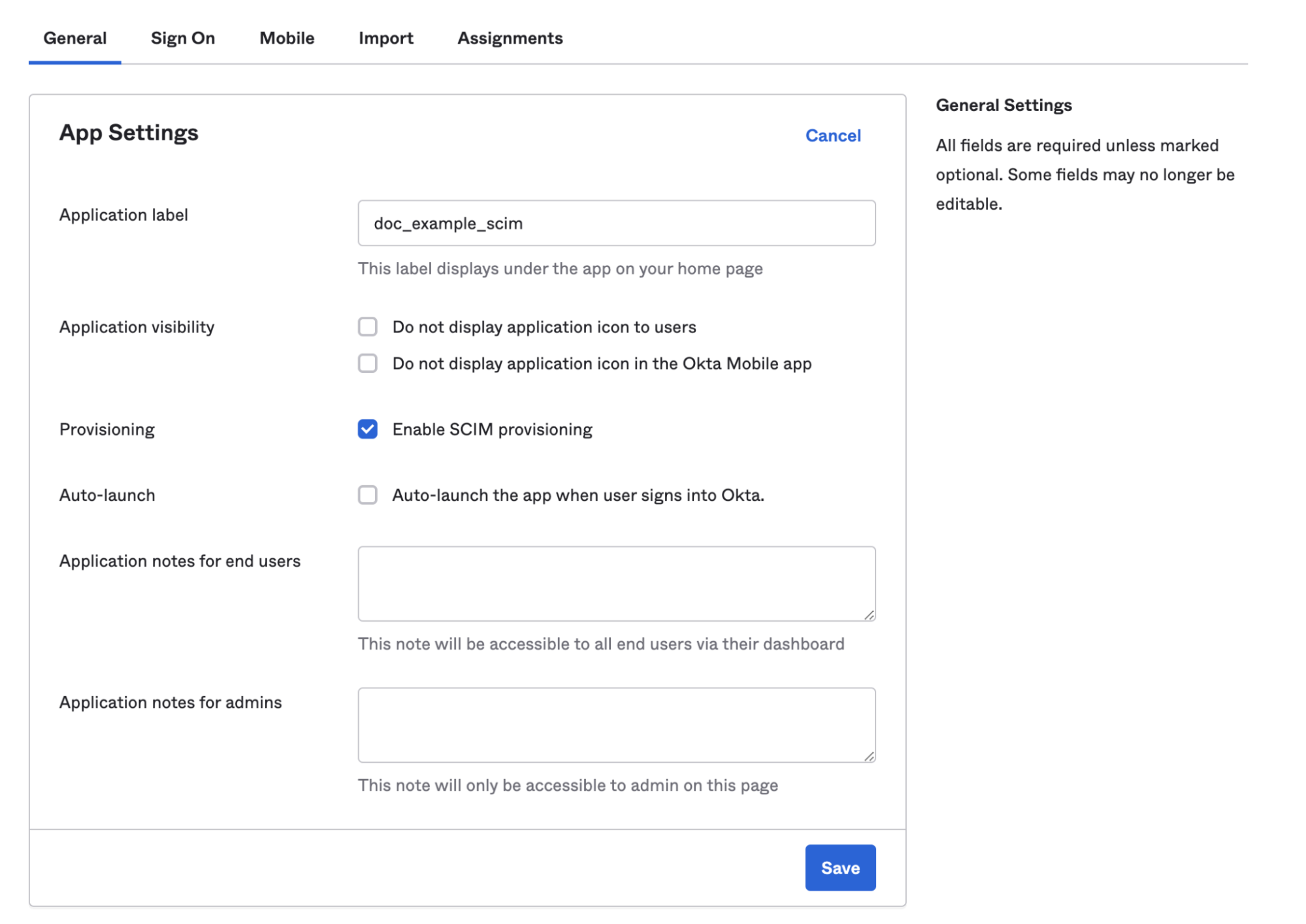 Okta App Settings screen showing the Enable SCIM provisioning checkbox selected