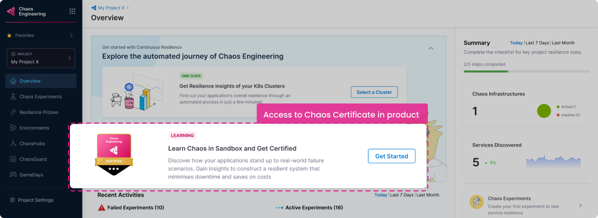 In-product Chaos Certificate access card on the Harness Chaos Engineering overview dashboard