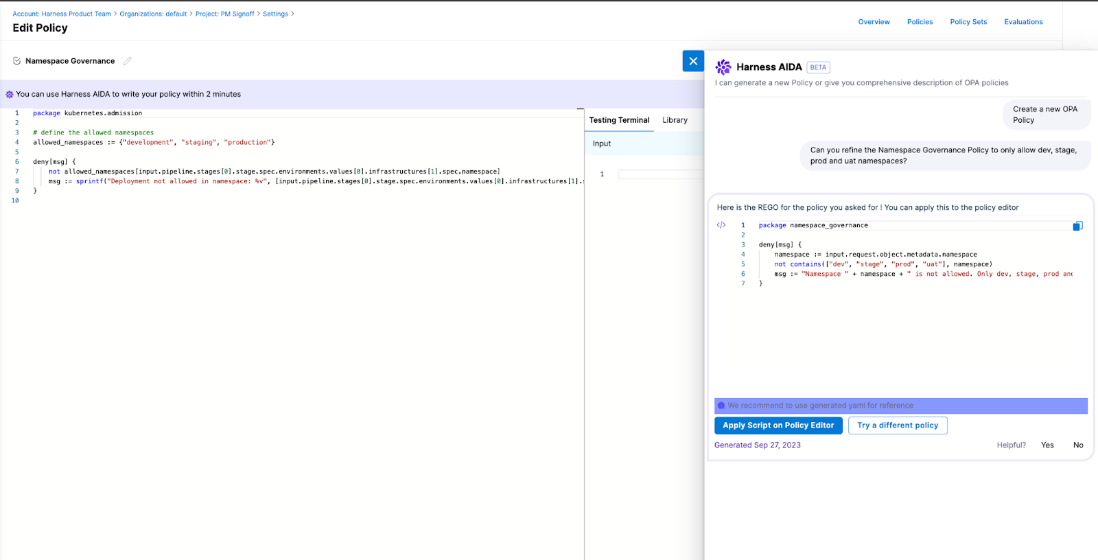 Harness AIDA generating REGO code for a Namespace Governance policy from a natural language prompt