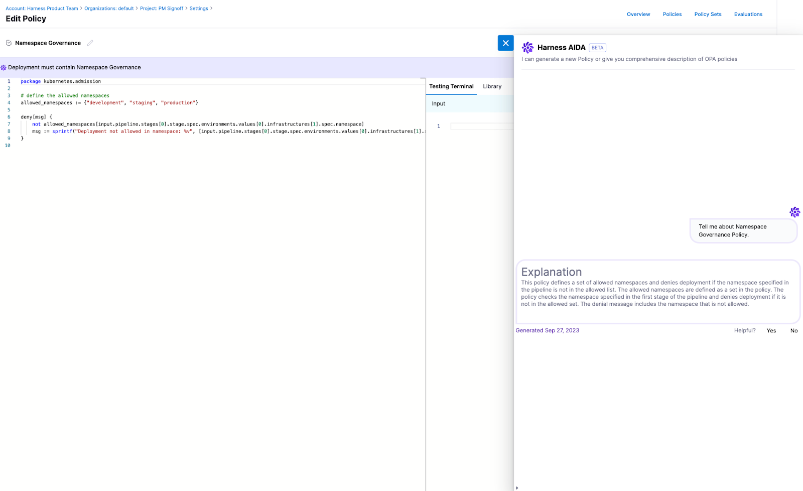 Harness AIDA explaining a Namespace Governance policy next to its Rego code in the Edit Policy screen