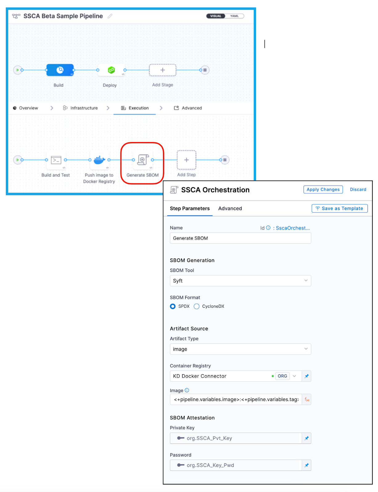 Harness pipeline interface showing the configuration of a Generate SBOM step using Syft and SPDX format