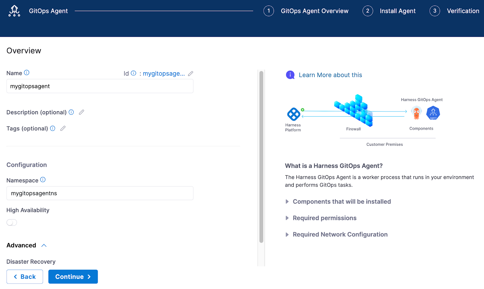 Configuring the initial GitOps Agent settings with Name as mygitopsagent and Namespace as mygitopsagentns