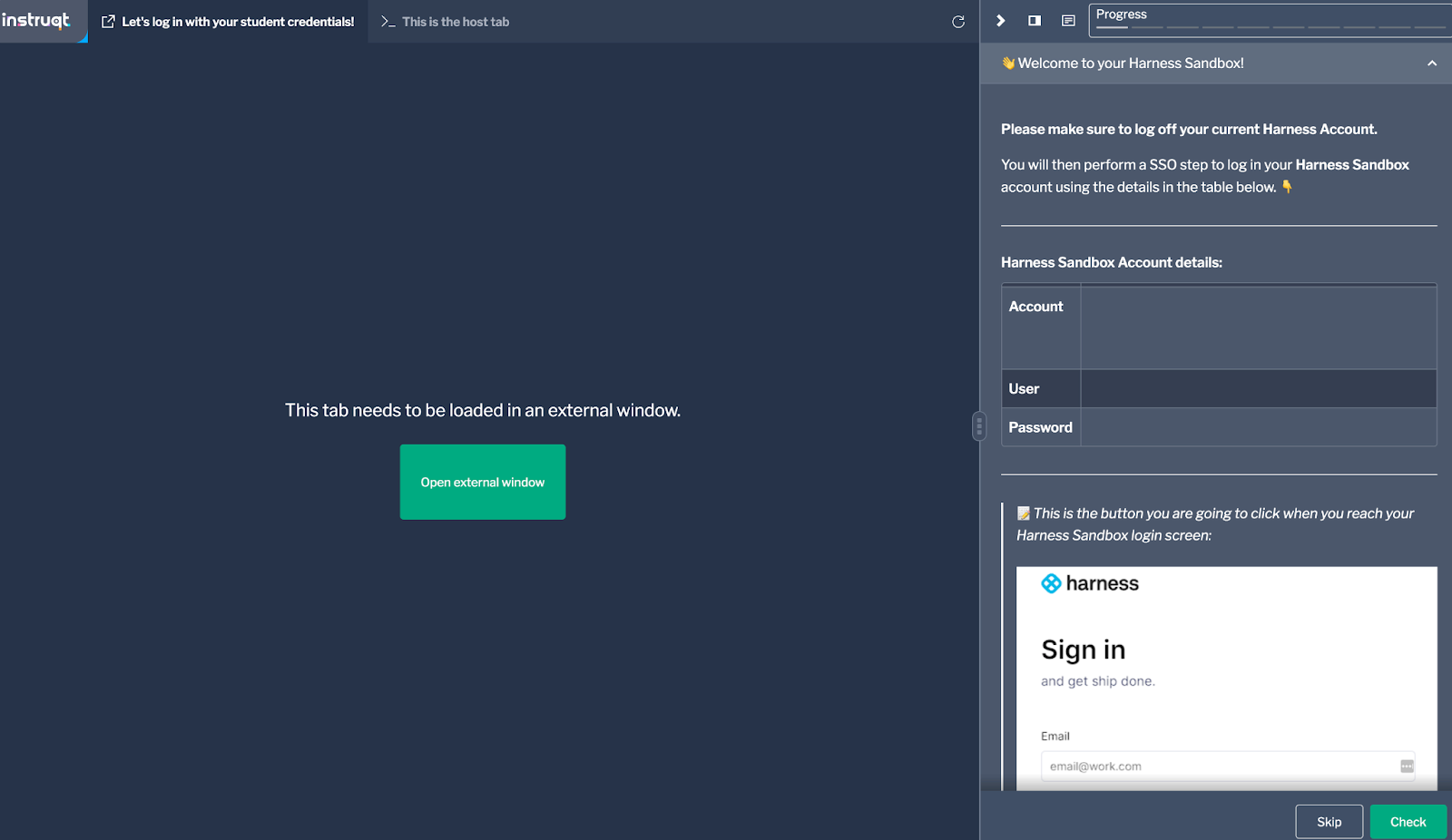 Instruqt lab environment showing instructions to log into a Harness Sandbox account during a certification exam