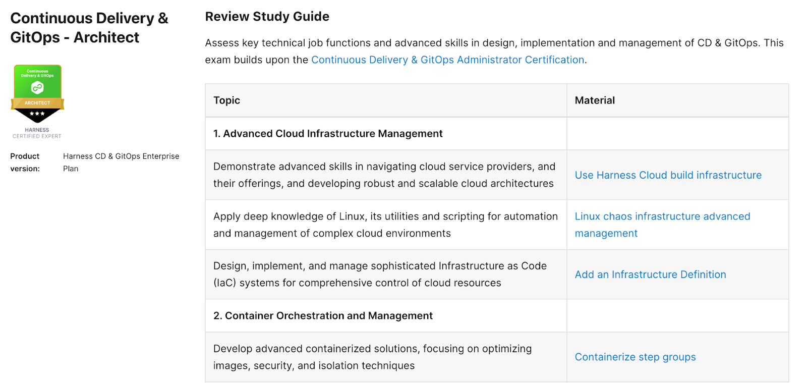Harness CD & GitOps Architect study guide showing exam topics and corresponding learning materials
