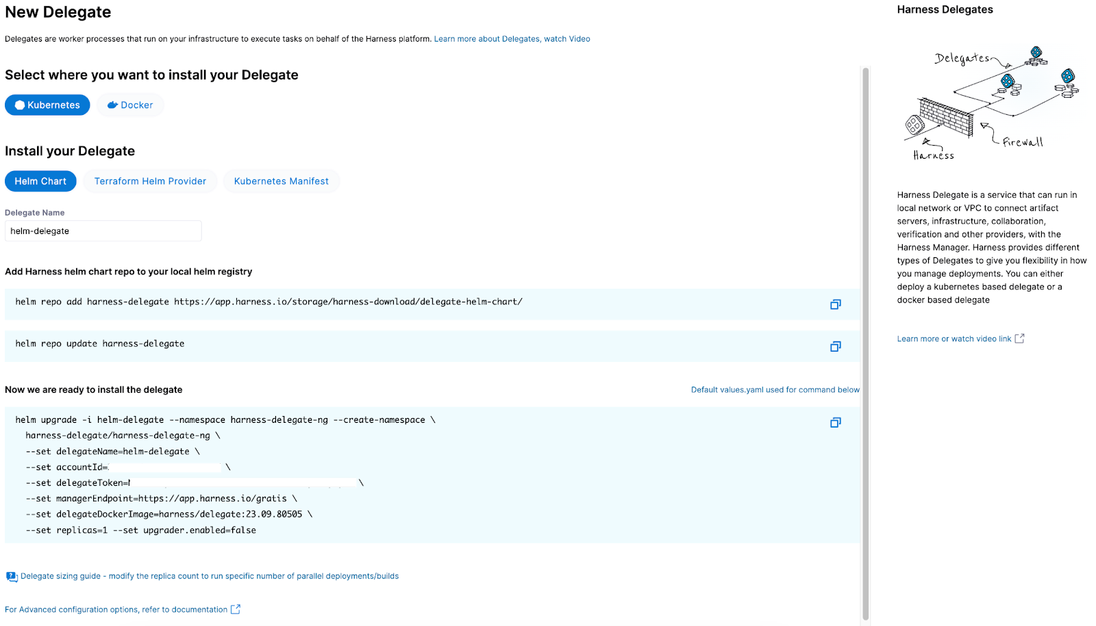 Harness New Delegate setup wizard with Kubernetes and Helm Chart selected, naming the delegate helm-delegate