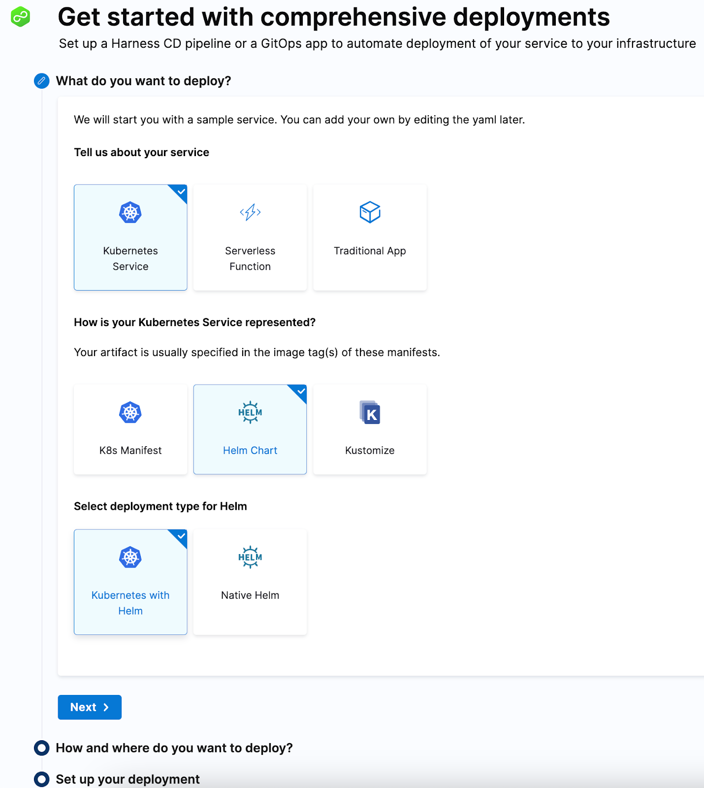 Selecting Kubernetes Service, Helm Chart, and Kubernetes with Helm in the Harness deployment setup wizard