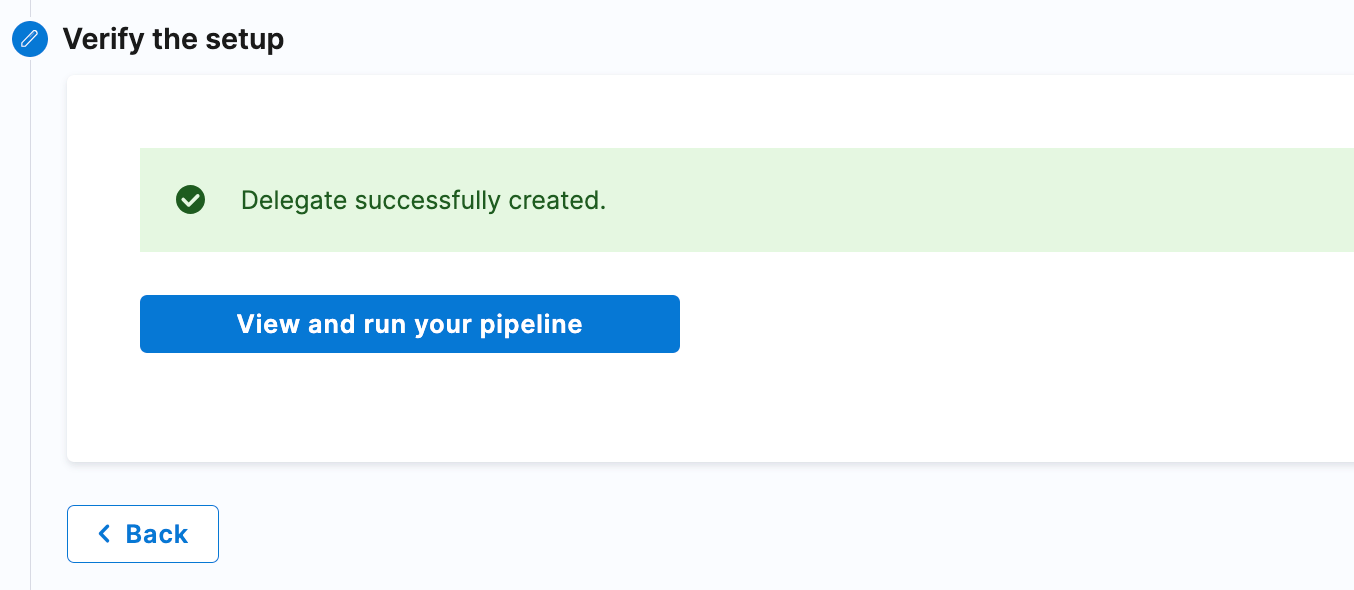 Verify the setup screen showing Delegate successfully created and a blue View and run your pipeline button