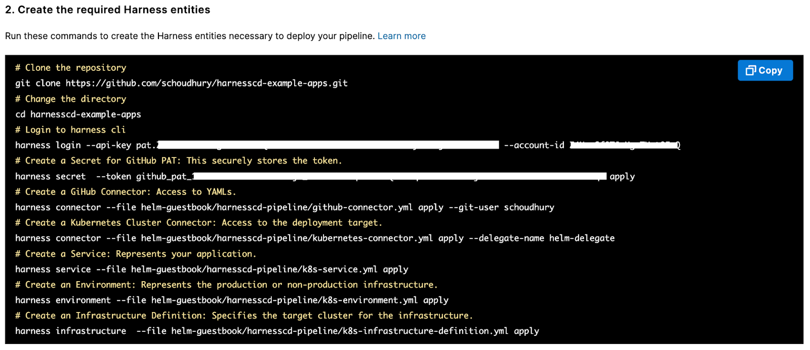 Harness CLI commands to clone a repository, log in, and create secrets, connectors, services, and environments