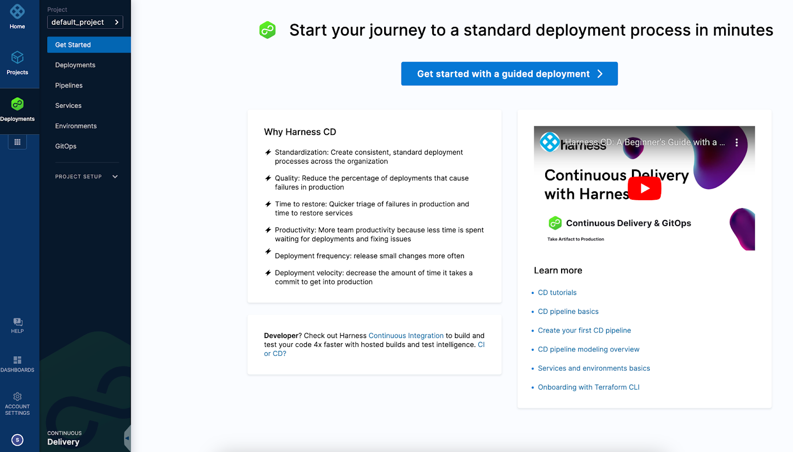 Harness CD Get Started page featuring a blue button to start a guided deployment