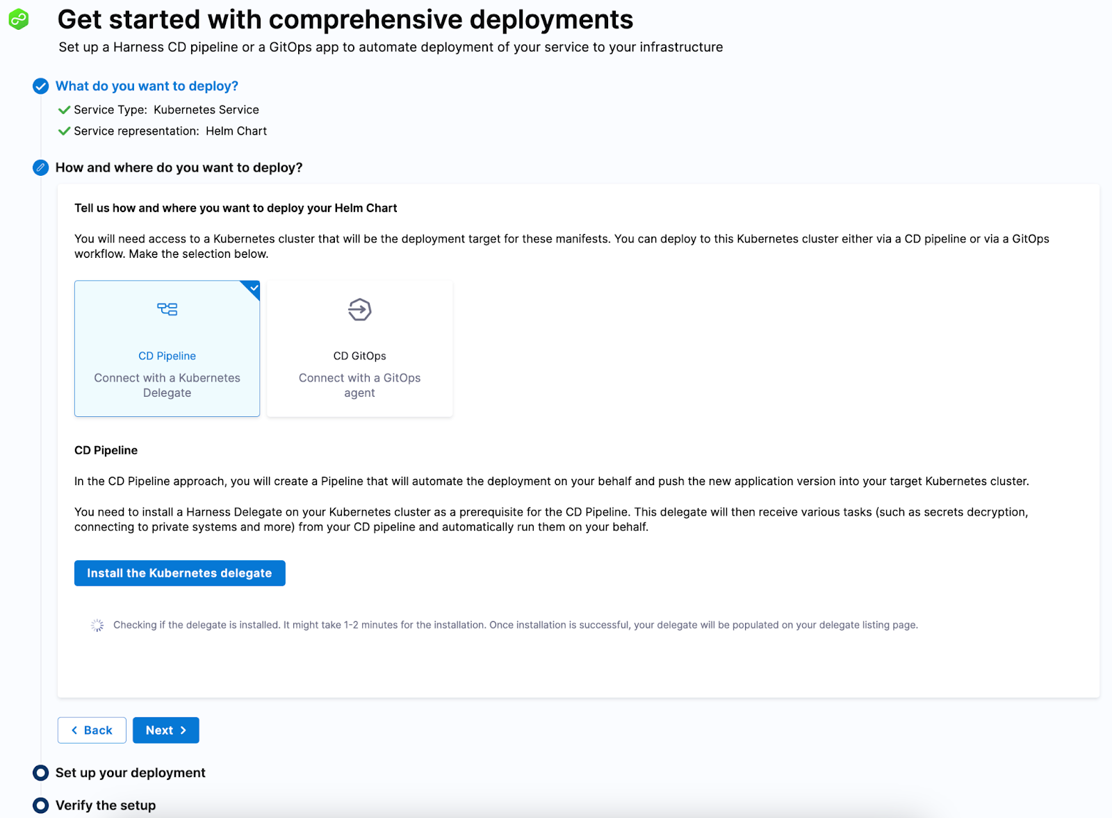 Harness deployment setup wizard showing the CD Pipeline option selected with a button to install the Kubernetes delegate