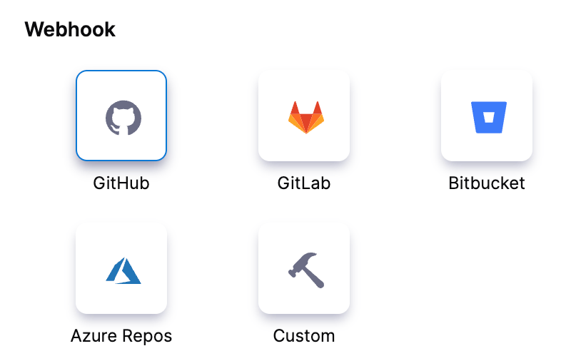 Webhook trigger options in Harness with GitHub selected among GitLab, Bitbucket, Azure Repos, and Custom