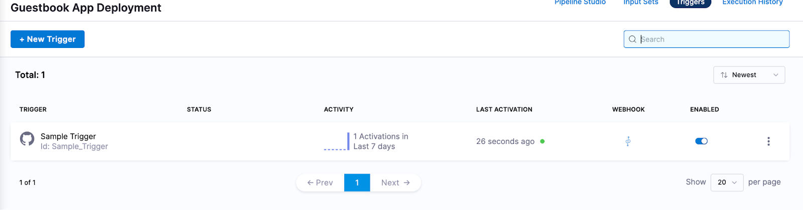 Harness Triggers tab displaying the newly created Sample Trigger under the Guestbook App Deployment pipeline