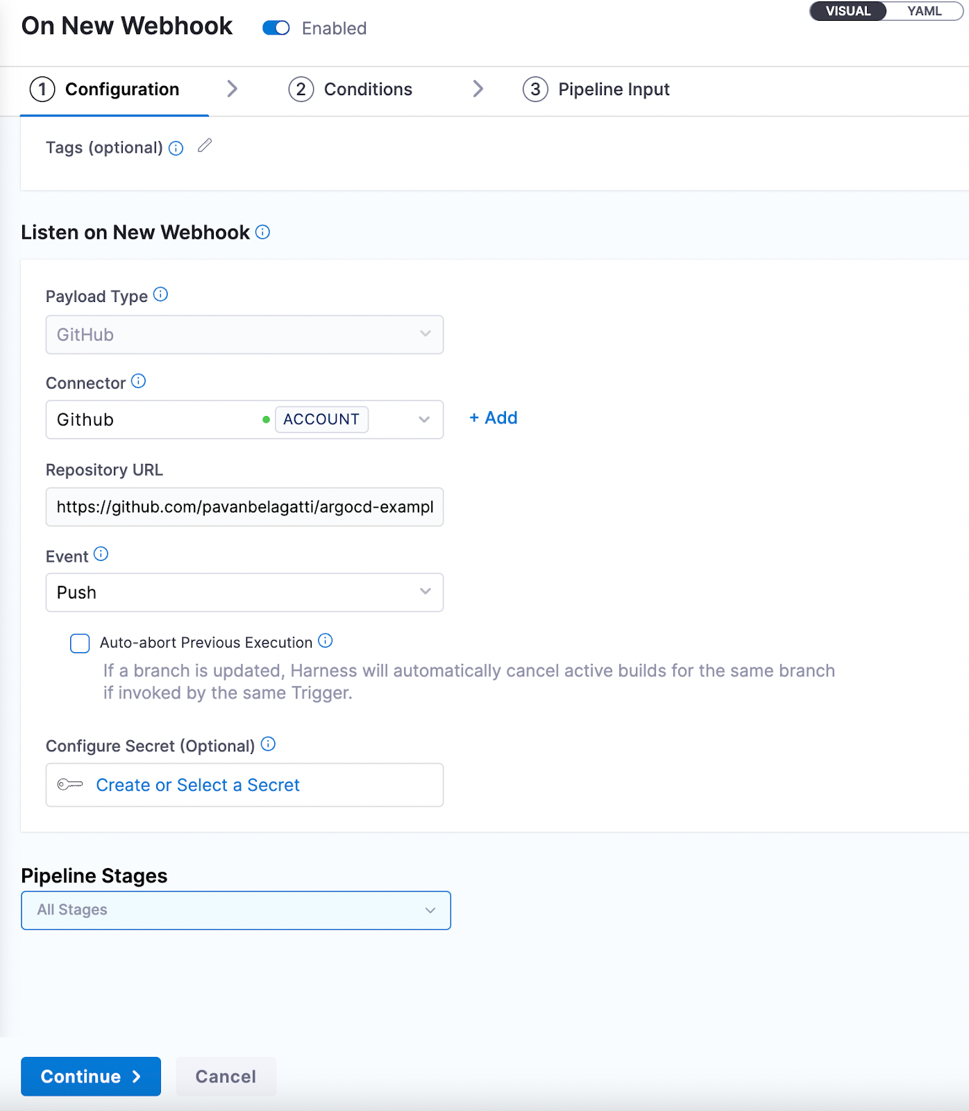 Webhook trigger configuration in Harness with GitHub payload type, push event, and repository URL
