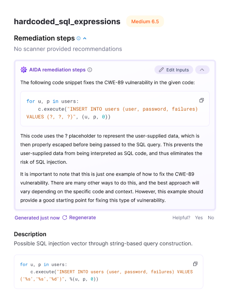 Harness AIDA interface showing an AI-generated code fix and explanation for a CWE-89 SQL injection vulnerability
