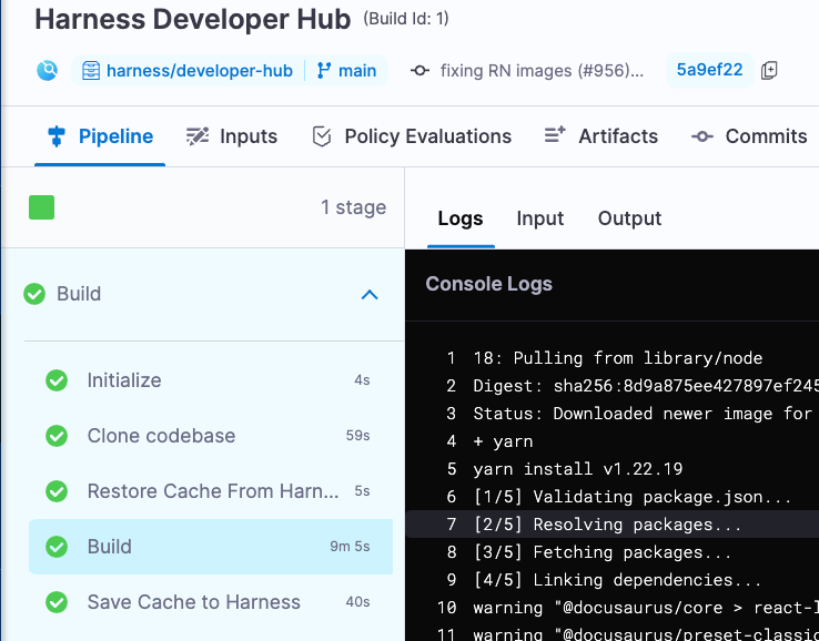 Harness CI pipeline execution showing a build step taking 9 minutes and 5 seconds before caching is applied