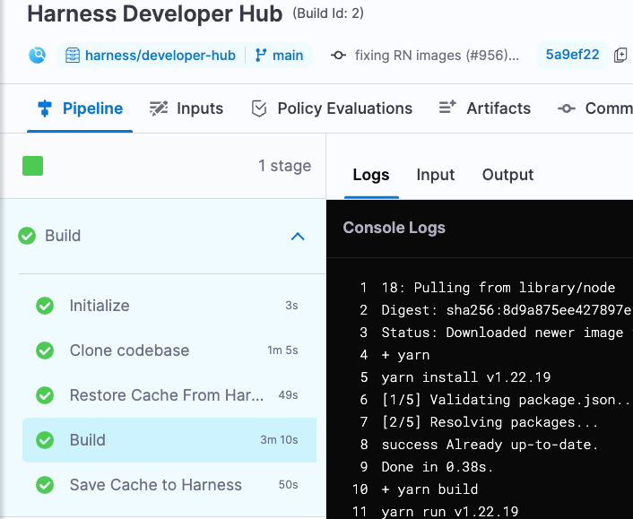 Harness CI pipeline execution with Cache Intelligence active, showing a 49-second cache restore step
