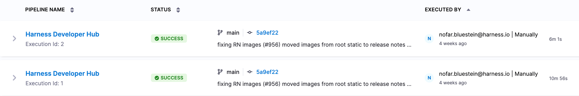 Two pipeline executions for Harness Developer Hub, showing build time reduced from 10m 56s to 6m 1s
