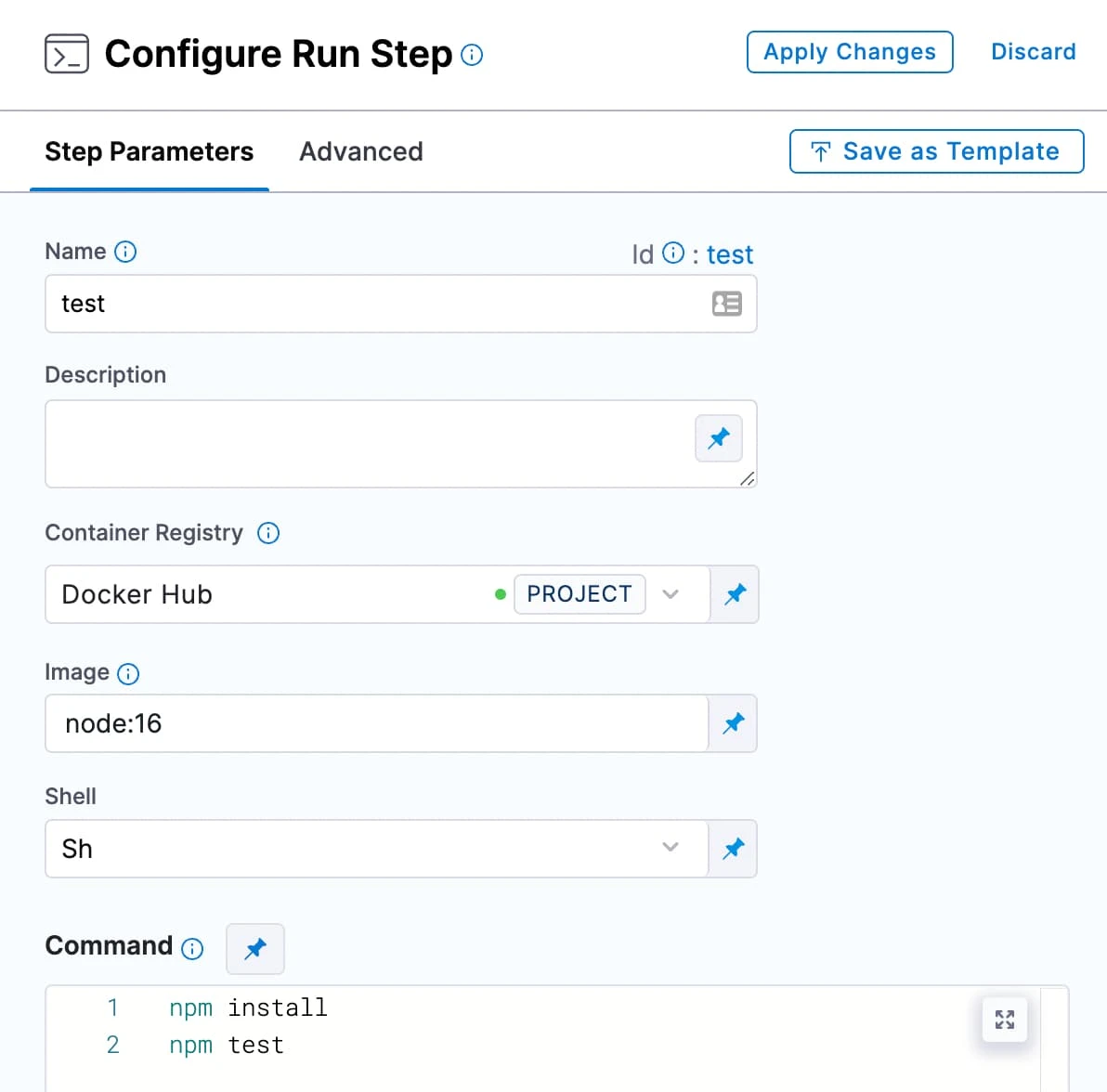 Configure Run Step settings in Harness with Docker Hub registry, node:16 image, running npm install and npm test