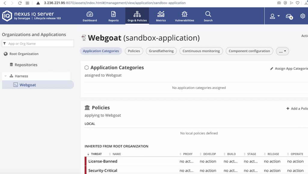 Nexus IQ Server Orgs & Policies dashboard showing the Webgoat application selected under the Harness organization