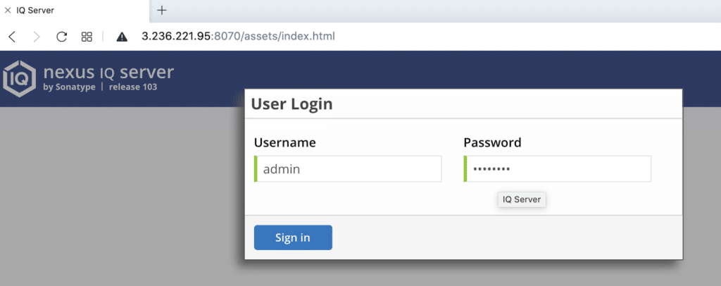 Nexus IQ Server user login interface with admin credentials entered in the browser