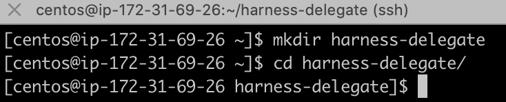 Terminal commands creating and navigating to the harness-delegate directory on a CentOS instance