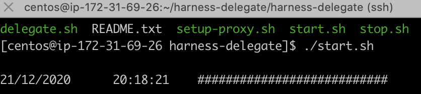 Terminal prompt executing the ./start.sh script to start the Harness Delegate