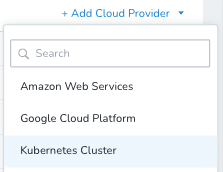 Selecting Kubernetes Cluster from the Add Cloud Provider dropdown menu