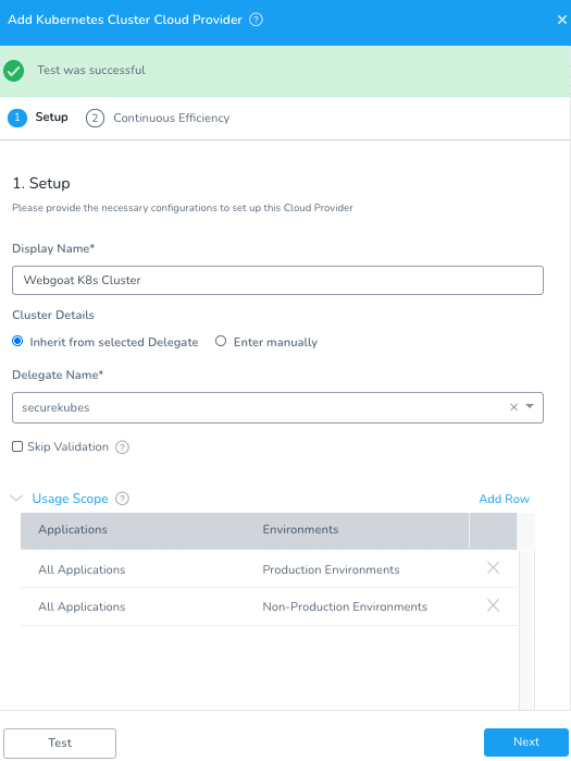 Add Kubernetes Cluster Cloud Provider setup in Harness showing a successful test for Webgoat K8s Cluster