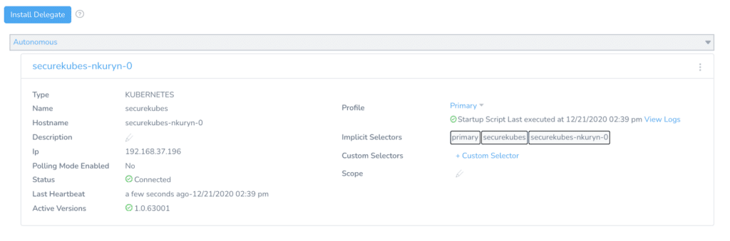 Harness UI showing the securekubes Kubernetes Delegate with a Connected status