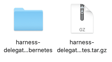 The downloaded harness-delegate tar.gz archive file next to its extracted Kubernetes folder