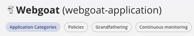 Nexus IQ dashboard showing the renamed application Webgoat with the ID webgoat-application