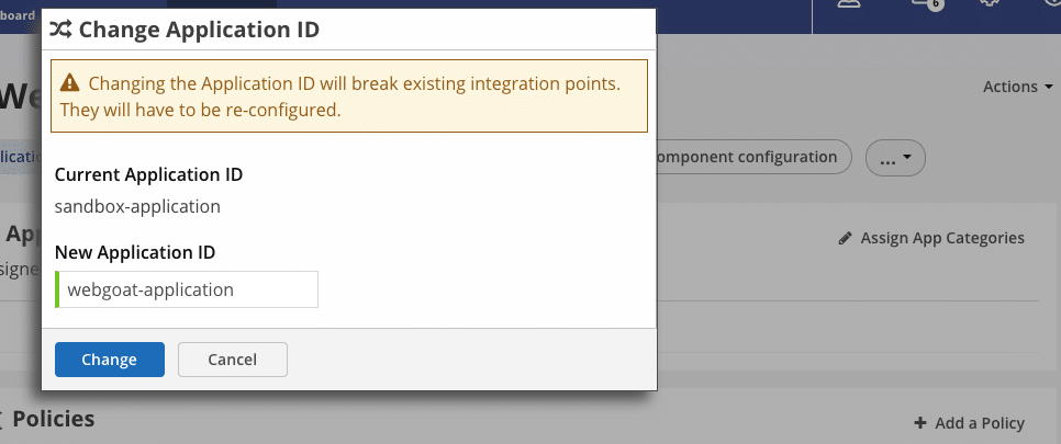 Change Application ID modal in Nexus IQ changing the ID from sandbox-application to webgoat-application