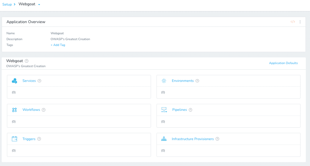 Webgoat Application Overview page in Harness, showing empty sections for Services, Environments, and Pipelines