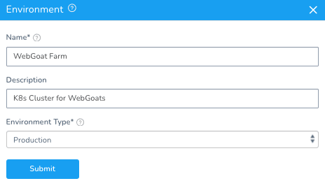 Environment configuration form with Name set to WebGoat Farm and Environment Type set to Production