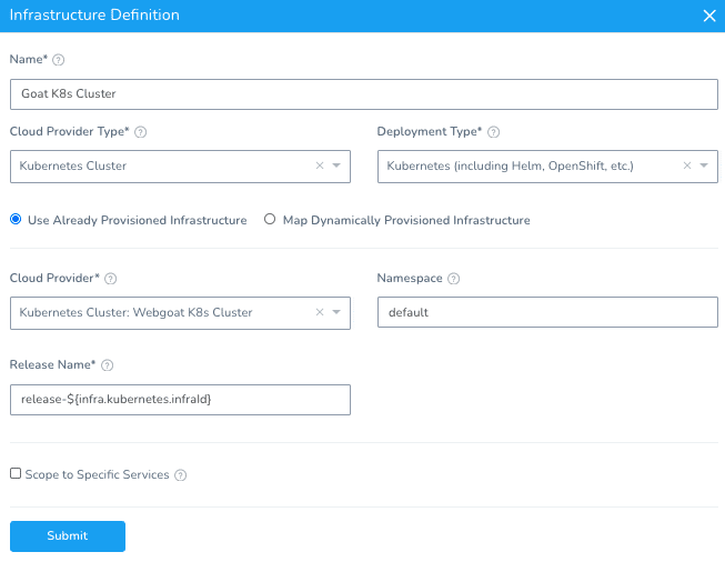 Configuring an Infrastructure Definition for a Kubernetes cluster named Goat K8s Cluster in Harness