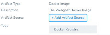 Harness UI showing the Webgoat Docker Image artifact configuration with the Add Artifact Source button