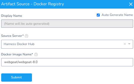 Artifact Source form configured with Harness Docker Hub as the source server and webgoat/webgoat-8.0 as the image name
