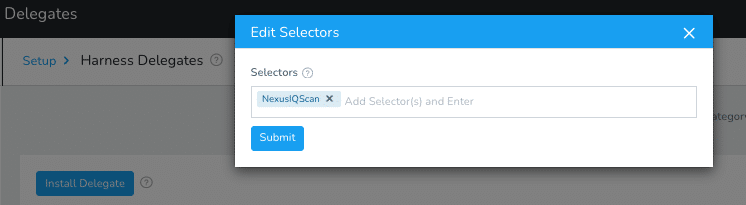 Edit Selectors modal in Harness with the NexusIQScan selector added to the input field