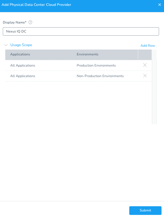 Add Physical Data Center Cloud Provider modal in Harness with Display Name set to Nexus IQ DC