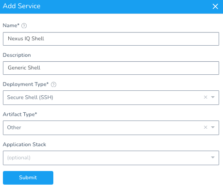 Add Service dialog configured with Nexus IQ Shell name, Secure Shell (SSH) deployment type, and Other artifact type