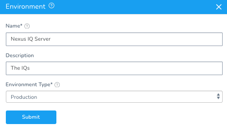 Harness Environment modal with Name set to Nexus IQ Server and Environment Type set to Production