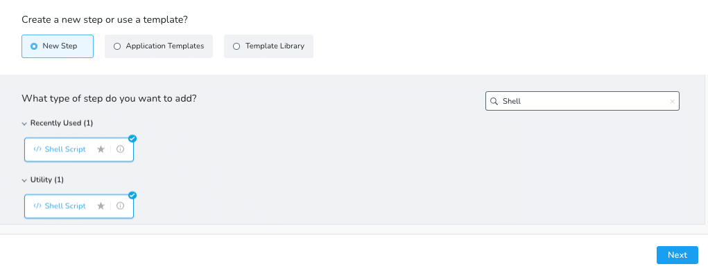 Harness Add Step dialog with Shell in the search box and the Shell Script option selected