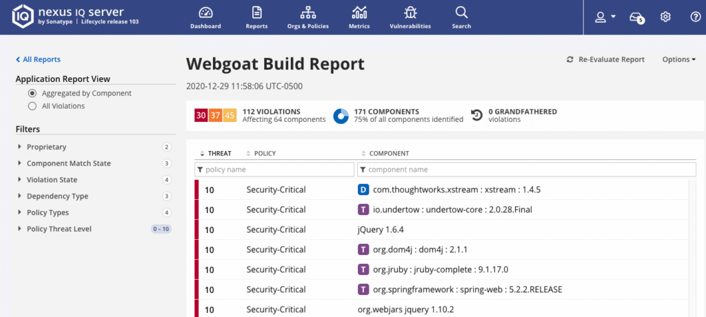 Nexus IQ Webgoat Build Report showing 112 violations and security-critical threats for scanned components