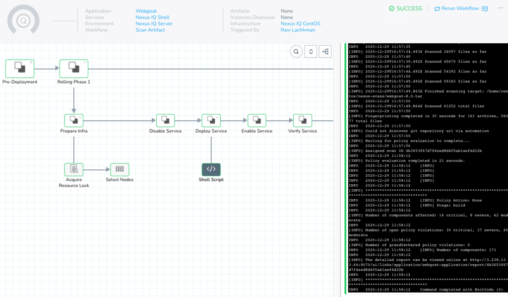 Successful Harness pipeline execution showing workflow steps and console logs for a Nexus IQ vulnerability scan