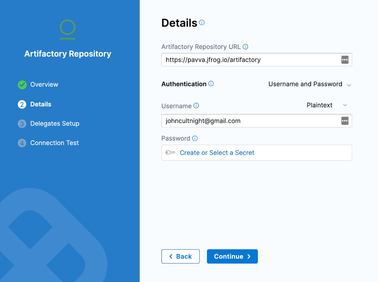 Artifactory Repository configuration form in Harness showing URL, username, and password secret fields