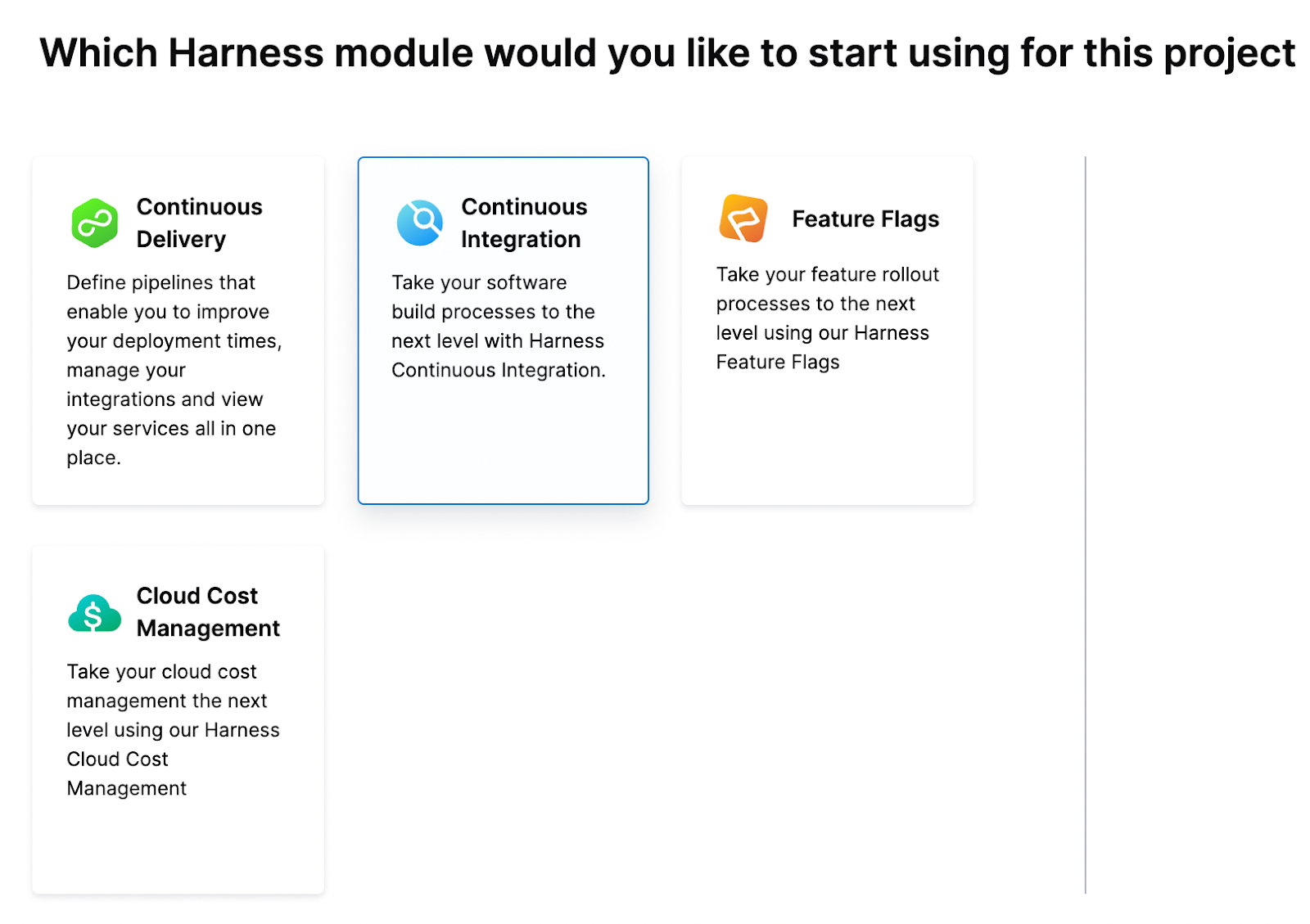 Selecting the Continuous Integration module on the Harness project setup screen