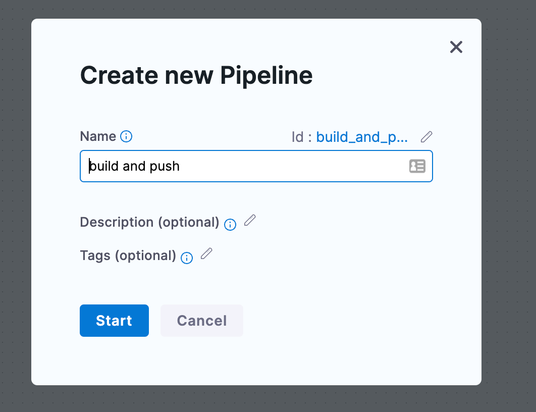 Create new Pipeline dialog in Harness with the name field set to build and push